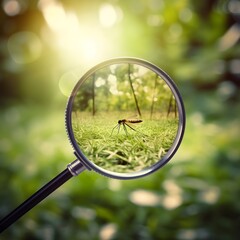 Magnifying glass for mosquitoes or insects in green lawn