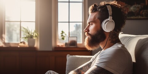 Man with tattoos in headphones listens to music and relaxes