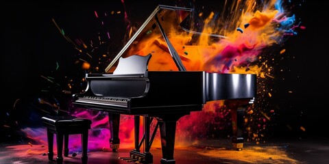 musical instruments a black piano explodes with color