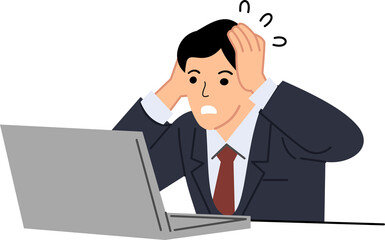 A employee holds his head while looking at a laptop or Tired worker