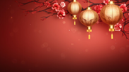 Chinese New Year Product Stand Mockup Background with Red and Gold, Flower, Lantern, and Asian Widgets
