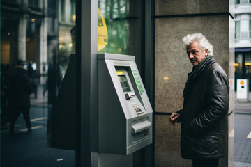 a middle age man using an atm machine bokeh style background - obrazy, fototapety, plakaty