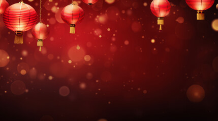 Chinese New Year Product Stand Mockup Background with Red and Gold, Flower, Lantern, and Asian Widgets