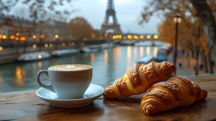 Cozy parisian morning with coffee and croissants. romantic breakfast in france. cityscape view. AI - obrazy, fototapety, plakaty