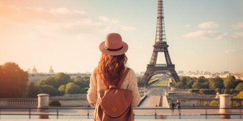 Summer travel concept. A girl stands against the backdrop of a famous landmark - obrazy, fototapety, plakaty