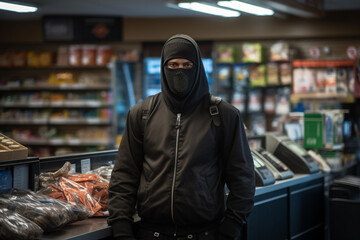 Thief robbing supermarket bokeh style background