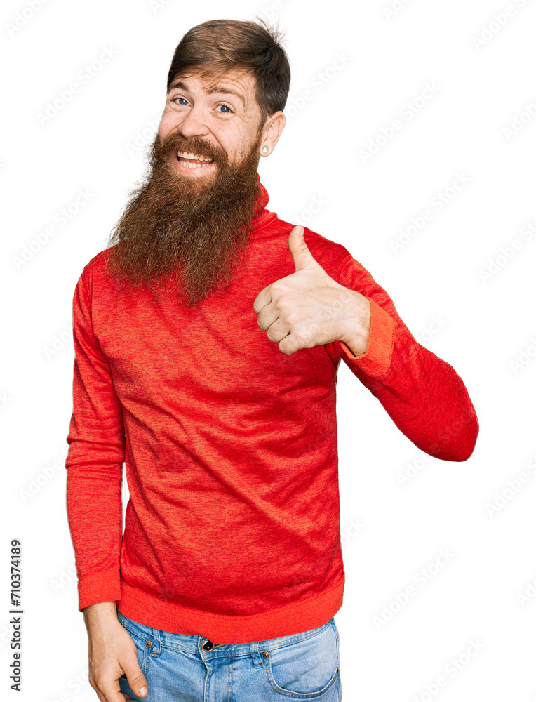 Sticker Redhead man with long beard wearing casual clothes doing happy thumbs up gesture with hand. approving expression looking at the camera showing success.