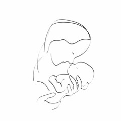 Continuous one simple single abstract line drawing of mother breastfeeding her baby. 