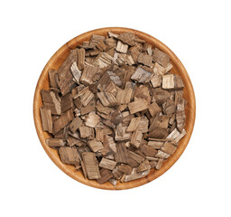 top view flat lay french oak wood chip for smoking meat and fish isolated on white background in...