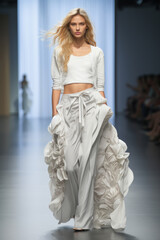 model walks fashion catwalk runway show, Fashion Week, casual flowing outfit white top free trousers