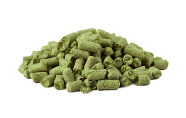 pile of green pellet hops isolated on white background.