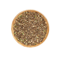 top view flat lay weed cannabis hemp marijuana seed isolated on white background in wood bowl