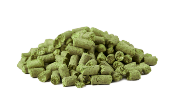 pile of green pellet hops isolated on white background.