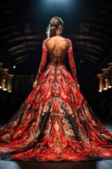 A model walks fashion catwalk runway show, Fashion Week season, in a fancy gown dress,