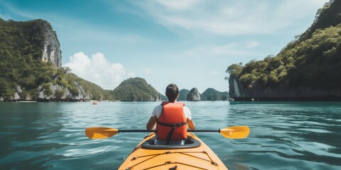 Sea kayaking or canoeing concept with young kayaking - obrazy, fototapety, plakaty