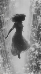 Surreal levitation photography: A woman in a white dress appears weightless, floating in the air, depicted in a serene monochrome setting