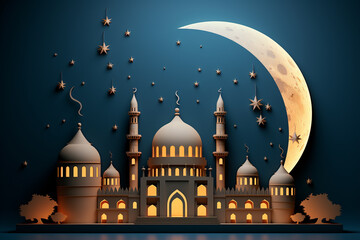 Ramadan Kareem Background with Mosque and Crescent Moon.