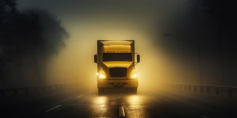 truck moving in yellow foggy headlights