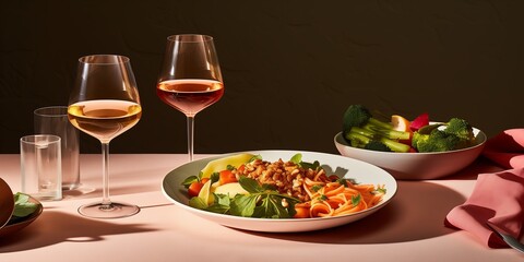 table with plates of food and glasses of wine