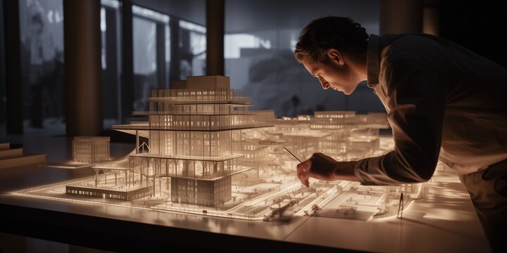 the architect visualizes the building design and work on it