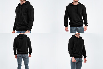 A bearded man wears a dark hoodie. Mock-up of streetwear for logo printing and advertisement. Front...