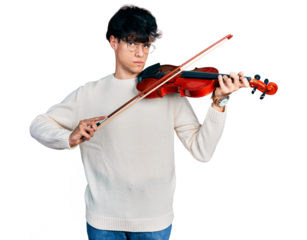 Handsome hipster young man playing violin skeptic and nervous, frowning upset because of problem. negative person.