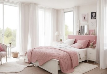 Fototapeta premium Cozy pillows on comfortable big king size bed in bright bedroom interior in elegant apartment 