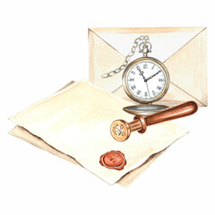 Watercolor vintage clock pocket watch, sheets of paper, envelope and bronze wax seal pen. Template writing stationery. Isolated hand drawn retro illustration for card, packaging, textile and sticker