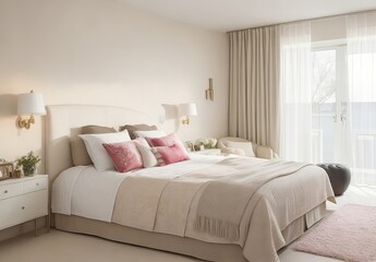 Cozy pillows on comfortable big king size bed in bright bedroom interior in elegant apartment
