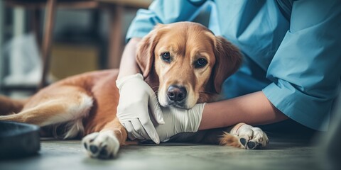 A veterinary applies a bandage to a dogs Leg