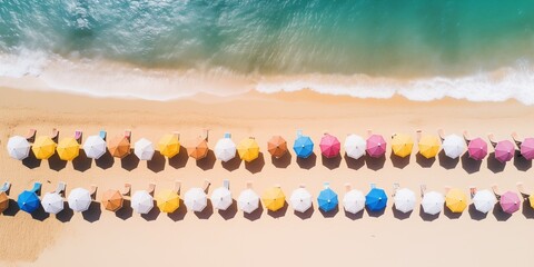 Aerial view to colorful beach with umbrellas