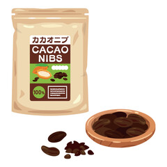 袋入りカカオニブと皿に盛られたカカオ豆とカカオニブ