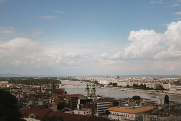 panoramic view of the city of Budapest. With a beautiful blue sky and large white clouds. high quality photo