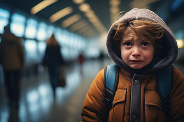 Frightened crying child boy lost in a public place, airport, train station, city street. Upset panic searching for parents in hysterics - obrazy, fototapety, plakaty