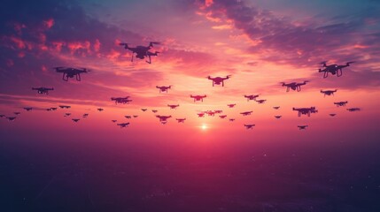 Upward Shot of Drones Forming Artistic Patterns in the Sky, against a backdrop of soft morning hues - obrazy, fototapety, plakaty