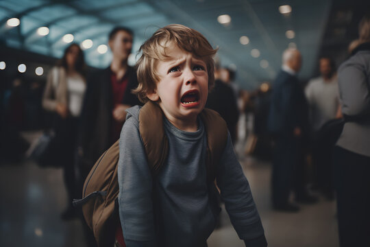 Frightened crying child boy lost in a public place, airport, train station, city street. Upset panic searching for parents in hysterics