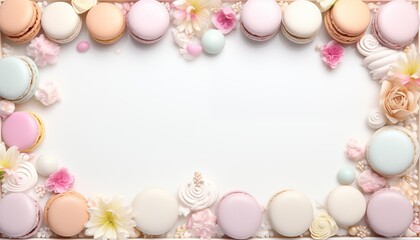 Naklejka na ściany i meble frame with pastel macarons and flowers in spring empty space for text