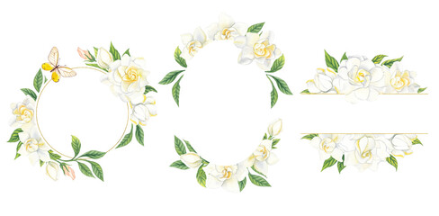 Watercolor white gardenia frames isolated on transparent background. Hand painting illustration for interior decoration, textile printing, wedding,  printed issues, invitation and greeting cards