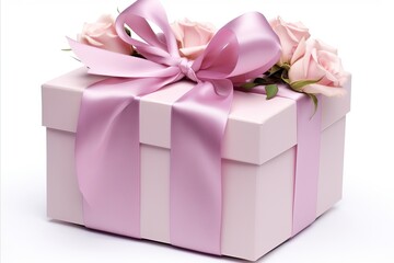 Fototapeta premium Elegant gift box with red ribbon bow on clean white background for special occasions and holidays