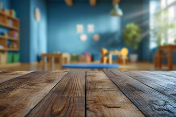 Wooden Tabletop Foreground, Background of Blurry Daycare Space