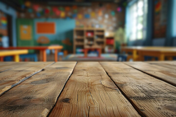Empty Wooden Tabletop with Blurry Daycare Room Interior Background - obrazy, fototapety, plakaty