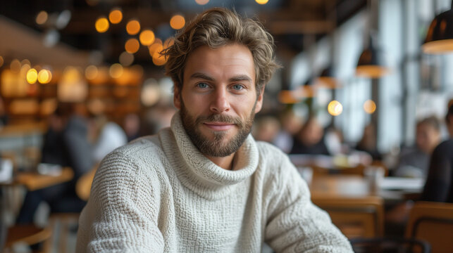 Portrait eines jungen Manns mit Bart und wei&szlig;em Rollkragenpullover sitzt in einem gem&uuml;tlichen Caf&eacute;