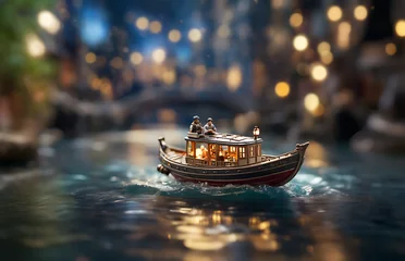 Fototapeten Set against a backdrop of bokeh lights, a miniature boat makes its way down the river, creating a visually delightful and enchanting tableau. © Holly