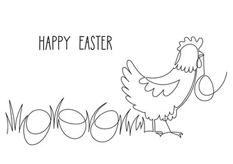 Happy Easter. Hen with Easter eggs. Continuous line drawing. Border frame with hand drawn text.