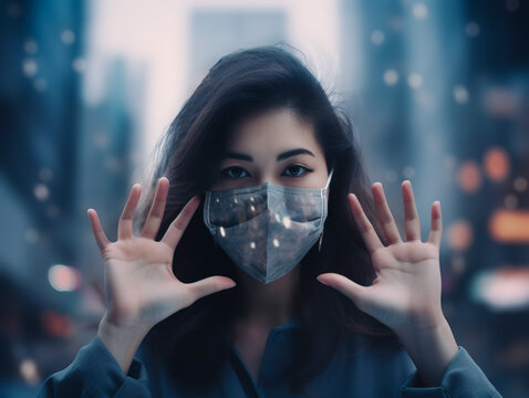 Woman Wearing N95 Mask for Outdoor Safety due to Fine Dust, Global Issues of Air Pollution and Environmental Awareness Concept.