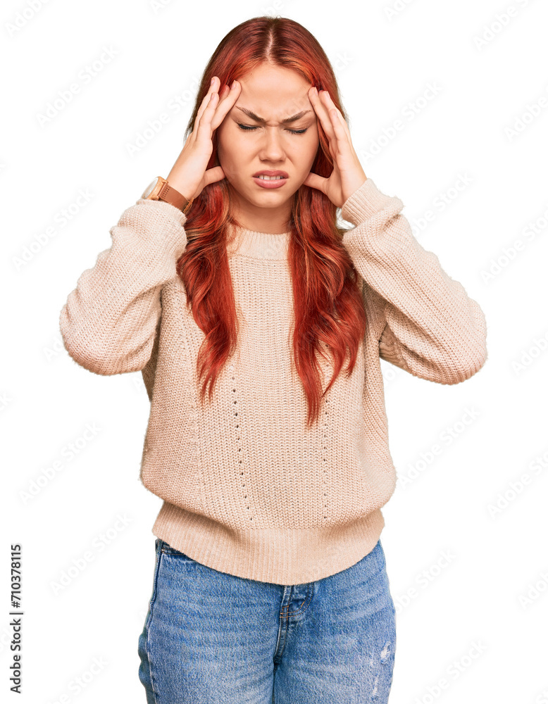 Sticker young redhead woman wearing casual winter sweater with hand on head, headache because stress. suffer