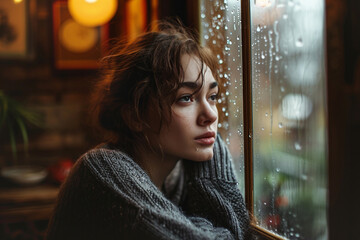 a sad girl sitting beside the window while raining - obrazy, fototapety, plakaty