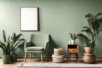 modern living room with mock up frame and plants