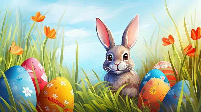 illustration of cute bunny hiding on green grass with colorful easter eggs background