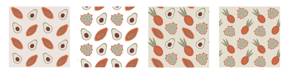 Set of vector seamless patterns with exotic fruits. Healthy tropical food textures.